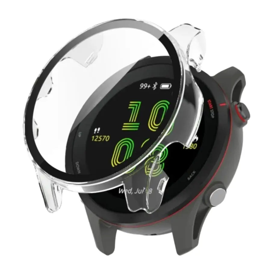 Clear Habicare protective case for Garmin Forerunner 255S watch, providing durable coverage and screen protection.