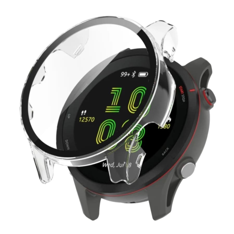 Clear protective case for Garmin Forerunner 255S smartwatch, designed to shield the watch while showcasing its design.