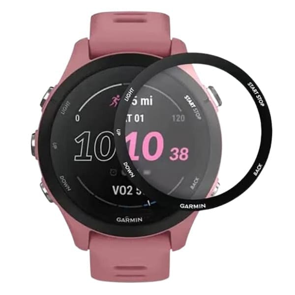 Pink Garmin Forerunner 255S watch screen protectors, pack of 2, designed to safeguard the watch display from scratches and damage.