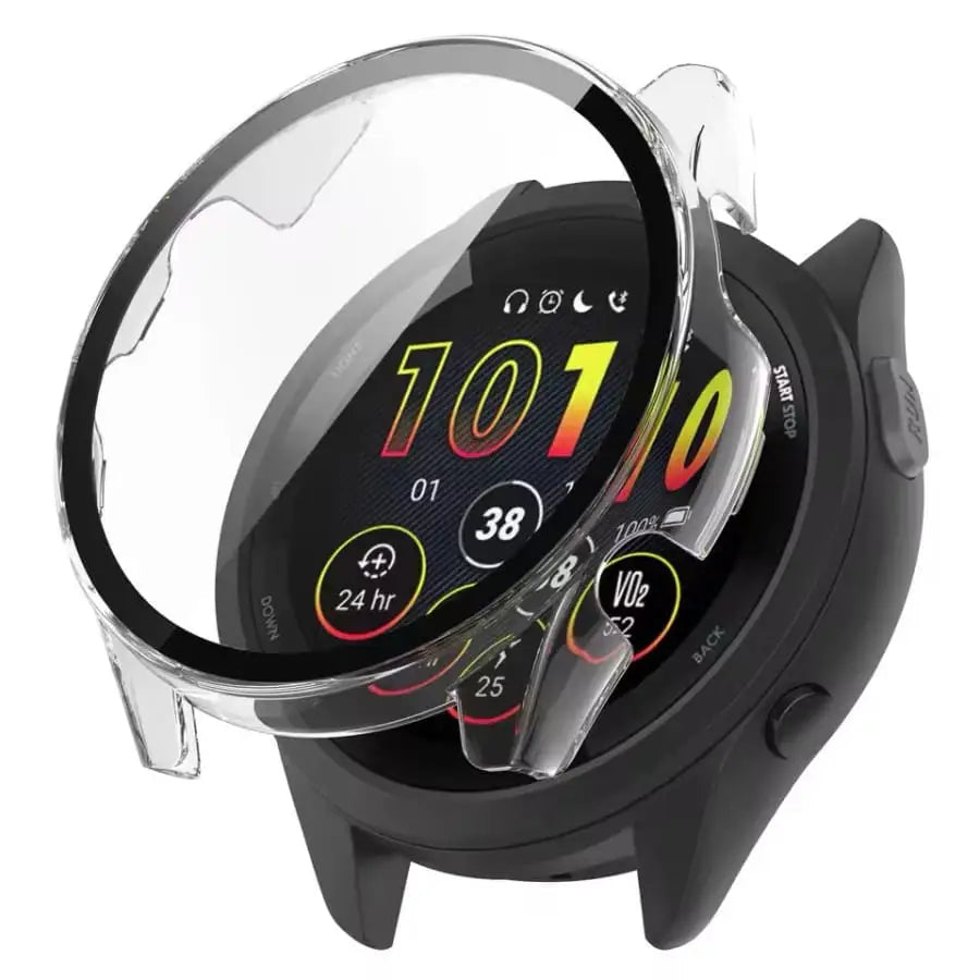 Clear protective case for Garmin Forerunner 265S watch by Habicare, showing the transparent cover fitted on the device.