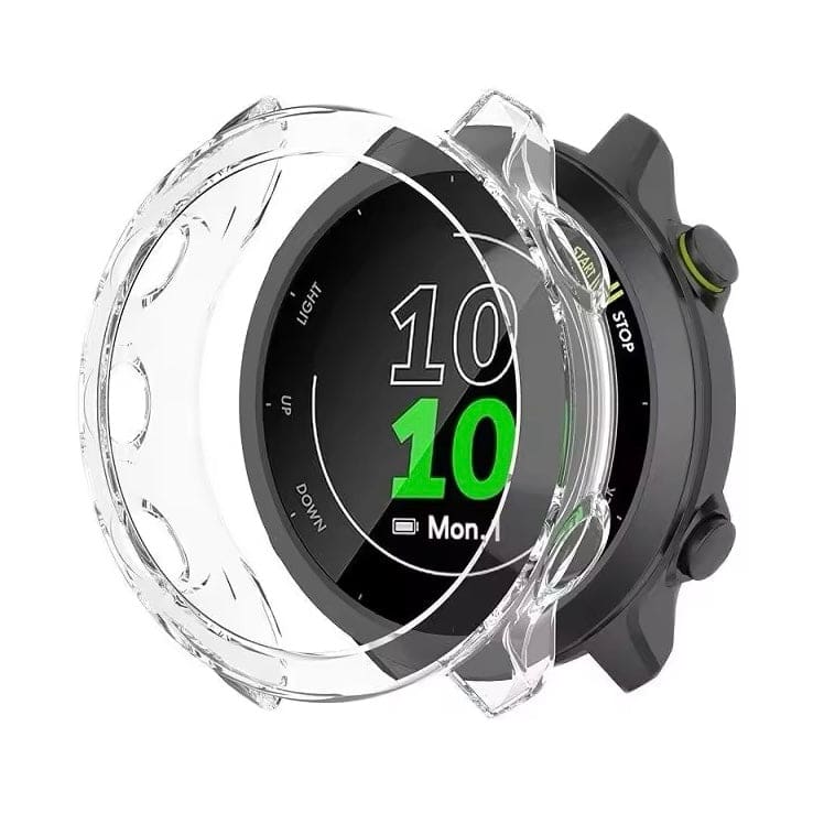 Clear protective case for Garmin Forerunner 55 smartwatch, showcasing a transparent cover on the watch face and band.