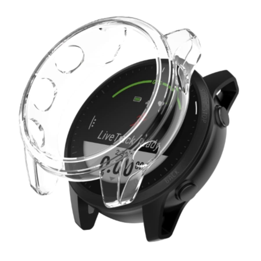 Clear protective case for Garmin Forerunner 945 LTE smartwatch, designed to shield the black watch while maintaining visibility.