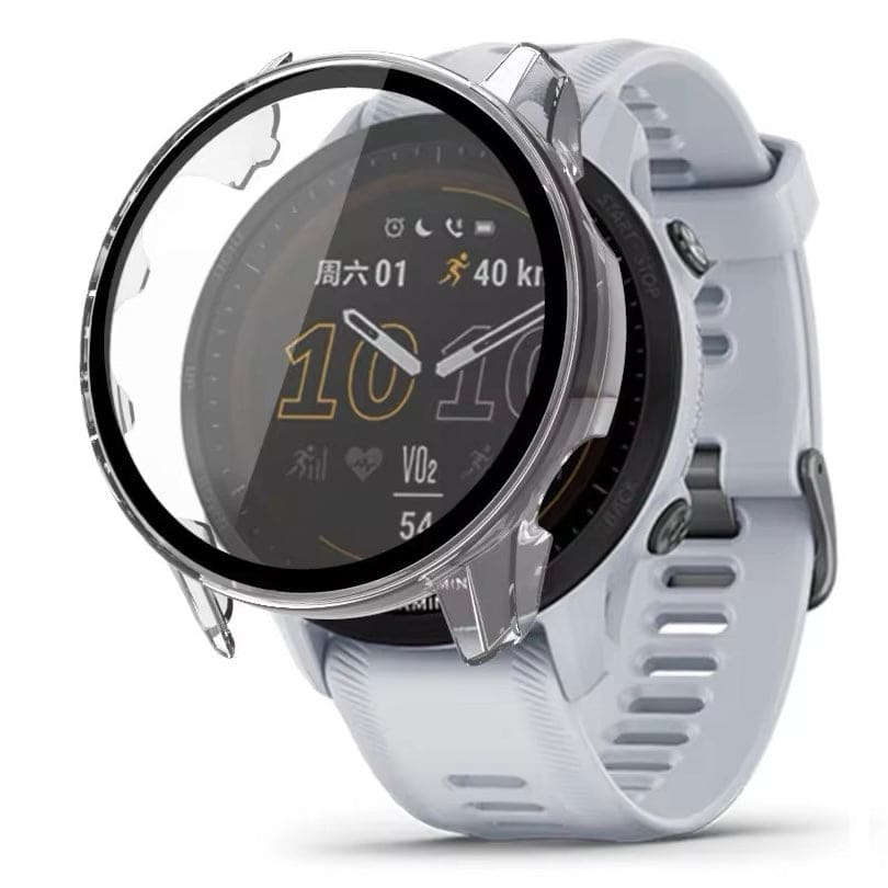 Clear protective case for Garmin Forerunner 955 smartwatch, round display, durable and transparent, designed to shield the watch.