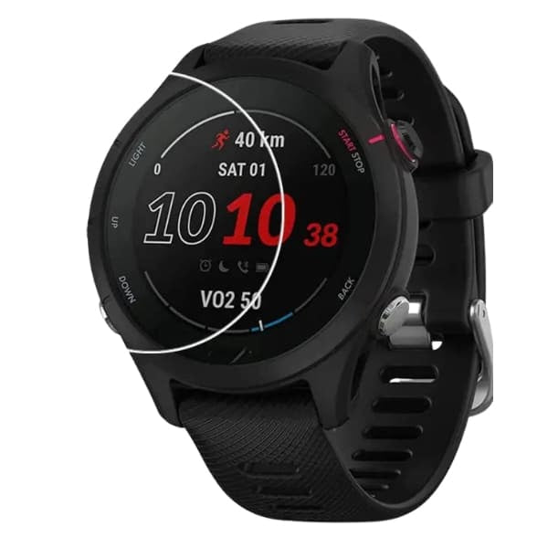 Pair of clear Garmin Forerunner 955 watch screen protectors by That Watch Shop, designed to shield the smartwatch display.