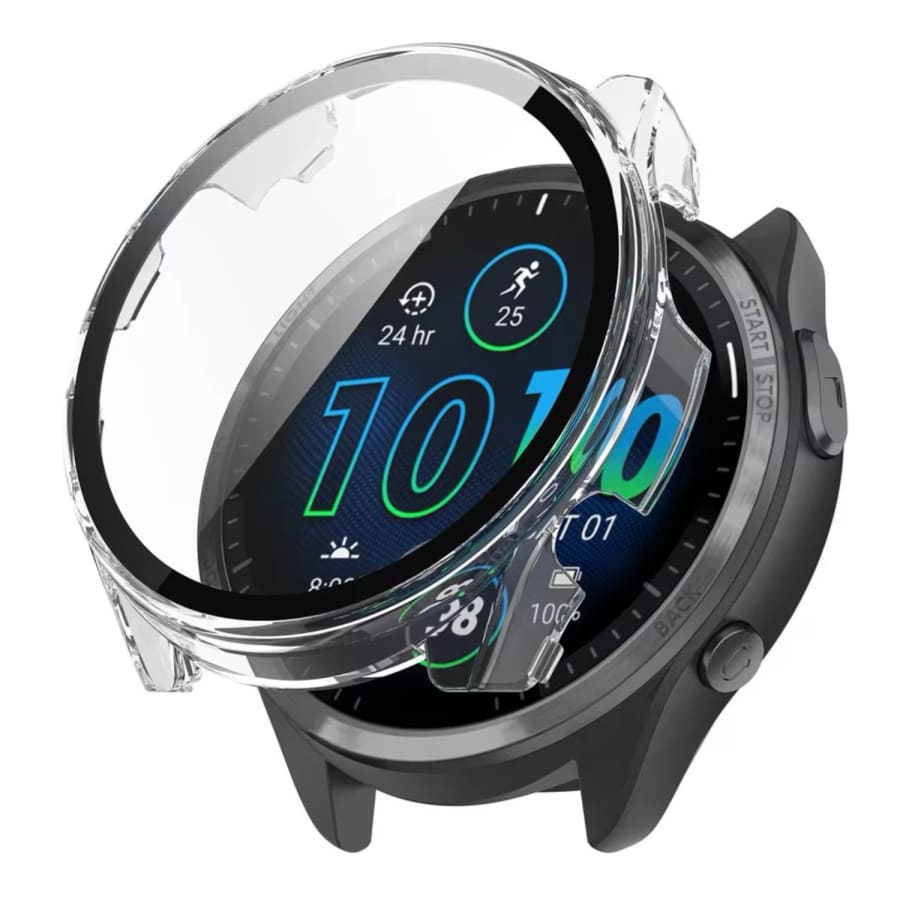 Transparent protective case for Garmin Forerunner 965 smartwatch, designed to shield and enhance the watch's appearance.