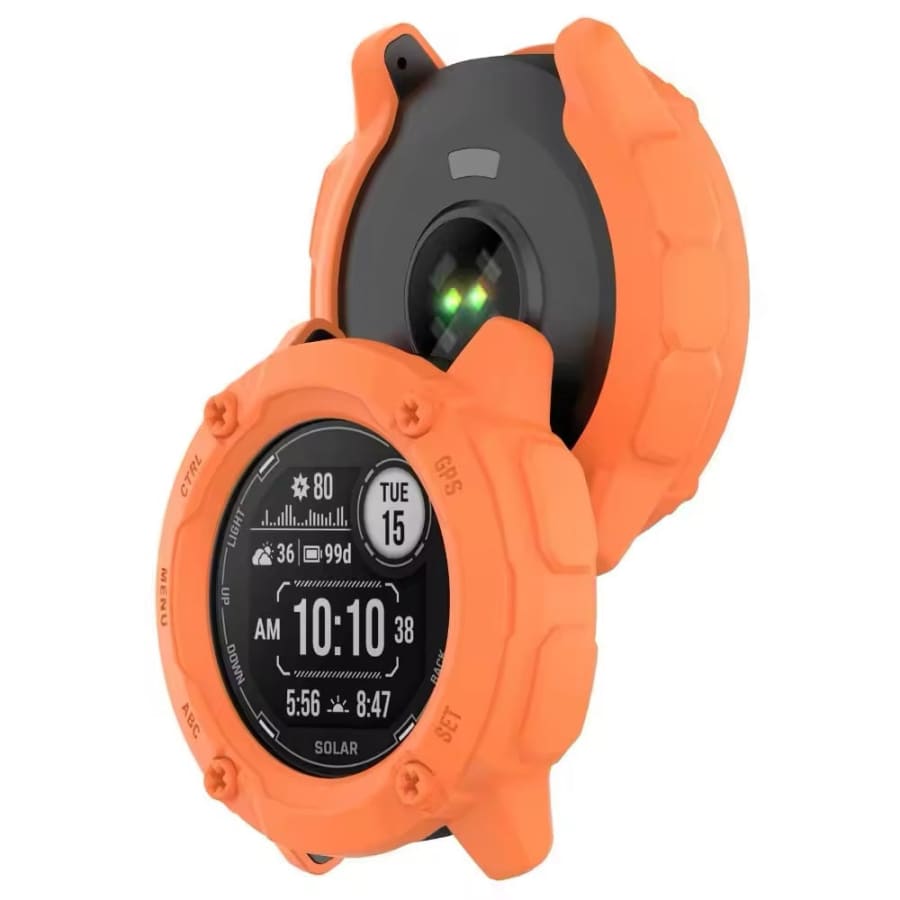 Orange protective case for Garmin Instinct 2X Solar Series smartwatch, made by That Watch Shop, showing the case fitted on the watch.