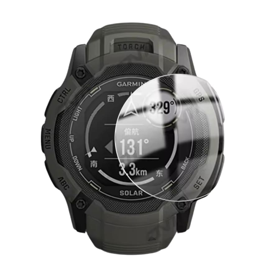 Black Garmin Instinct 2X Solar Series watch screen protector from That Watch Shop, pack of 2, designed for smartwatch screen protection.