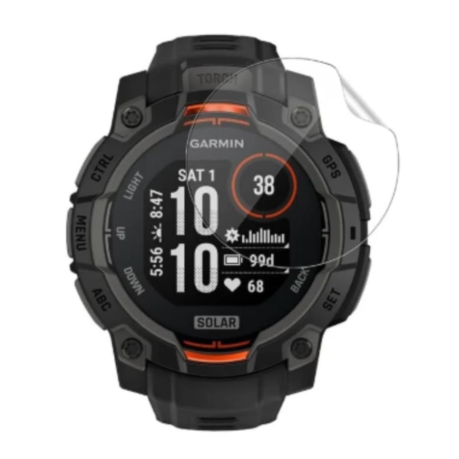 Black hydrogel screen protectors for Garmin Instinct 3 45mm watch, pack of six, designed to protect the watch face from scratches and impacts.