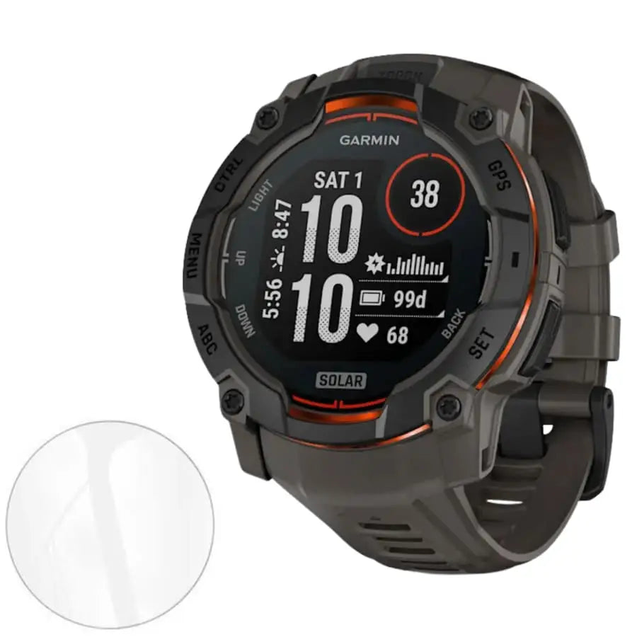 Pack of five Habicare Garmin Instinct 3 45mm screen protectors designed for watch screen protection.