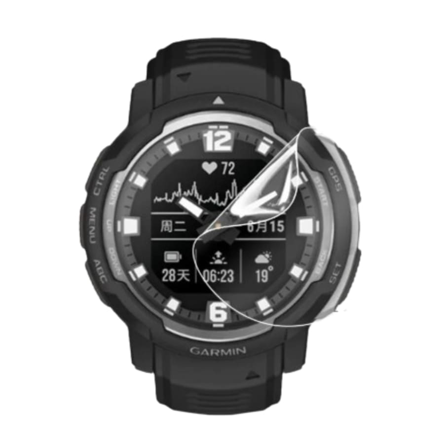 Six black hydrogel screen protectors for Garmin Instinct Crossover smartwatch, designed to safeguard the watch face.