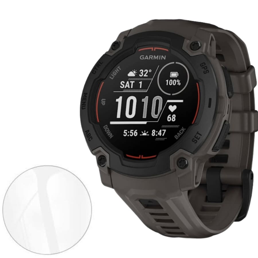 Rugged black Garmin Instinct E 45mm watch screen protector showing clear, durable film for screen protection.