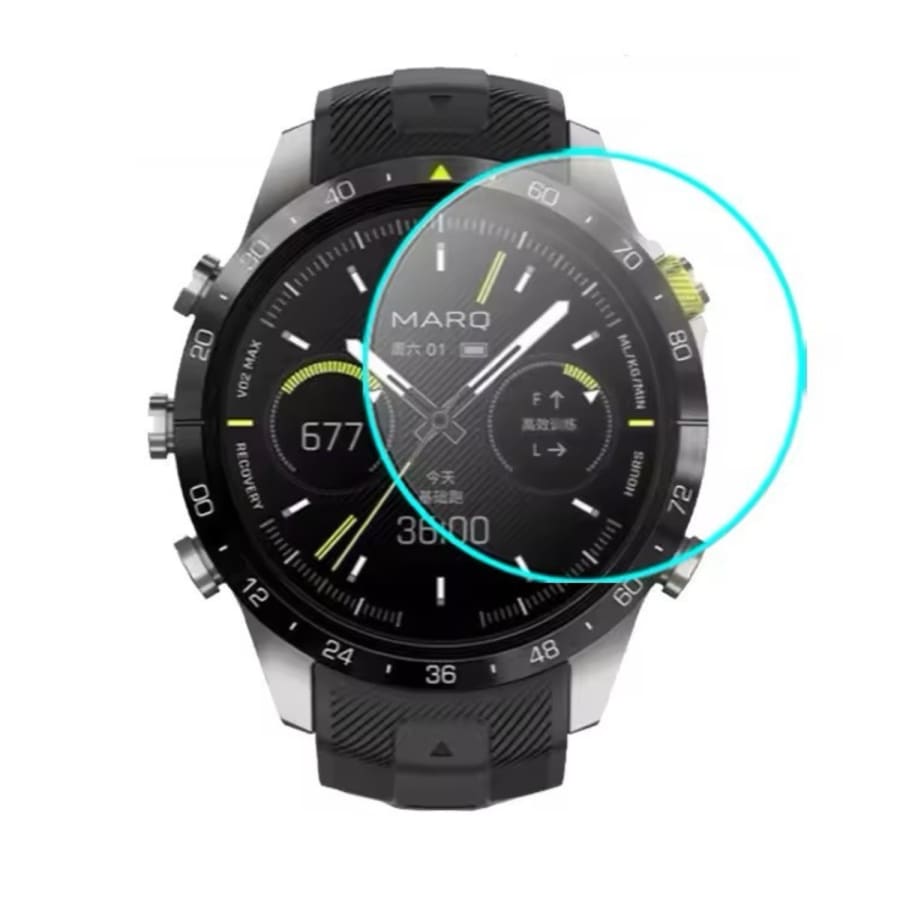 Black Garmin MARQ Gen 2 Series watch screen protector on round smartwatch, providing durable screen protection for Garmin smartwatches.
