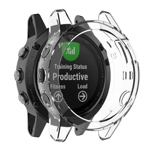 Clear protective case for Garmin quatix 5 watch, made by That Watch Shop, showcasing a transparent watch cover on the device.