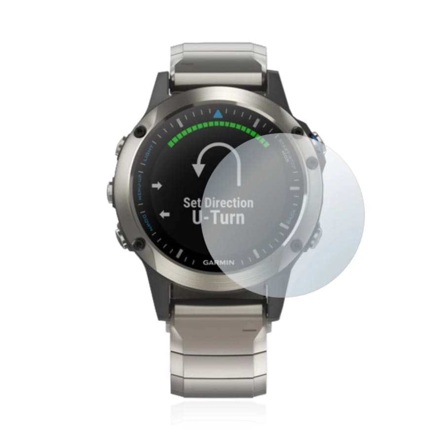Garmin Quatix 5 watch screen protector, clear protective film on silver smartwatch display showing detailed watch face