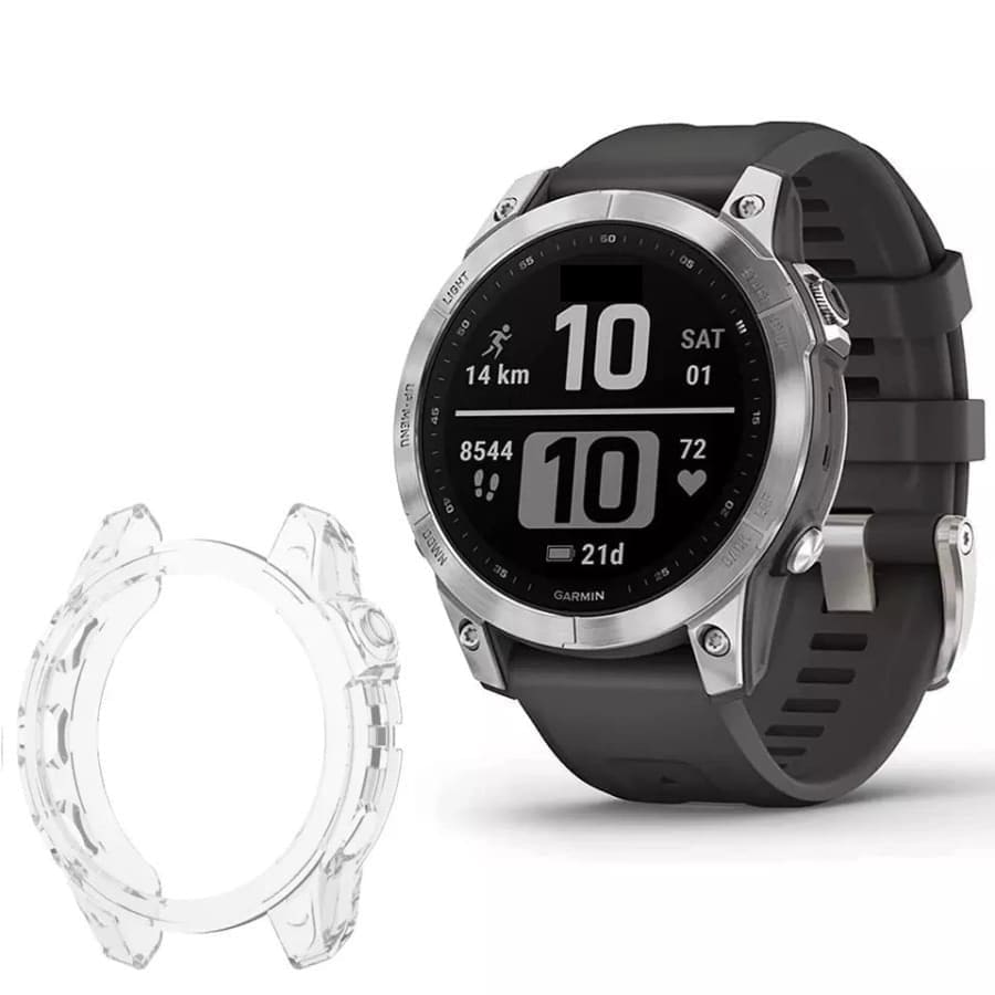 Clear protective case for Garmin Quatix 7 watch, durable and transparent, designed to safeguard the watch from scratches and impacts.