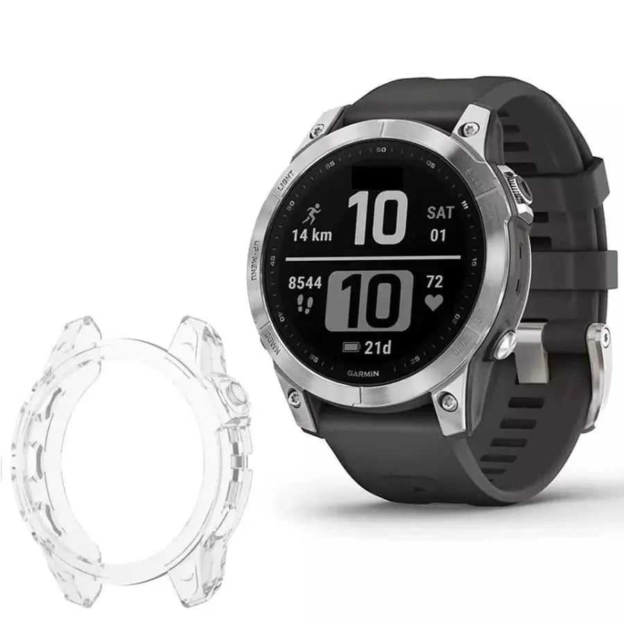 Clear protective case for Garmin quatix 7X watch by Habicare, showcasing a transparent, durable cover for smartwatch protection.