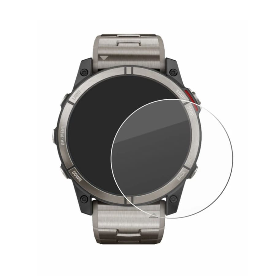 Two Garmin quatix 7X watch screen protectors, titanium finish, designed to safeguard the smartwatch display.