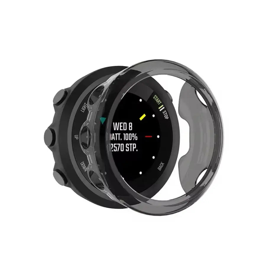 Black Habicare protective watch case for Garmin Swim 2, designed to shield the device from scratches and impacts.