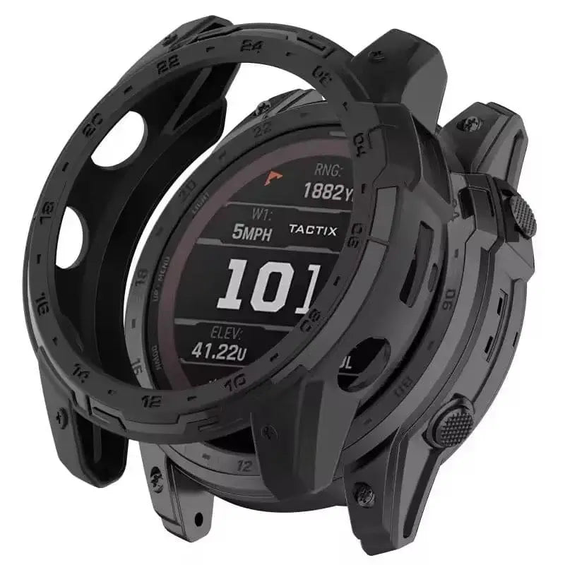 Black Habicare protective watch case for Garmin Tactix 7, made of durable material, fitting snugly around the watch for protection.