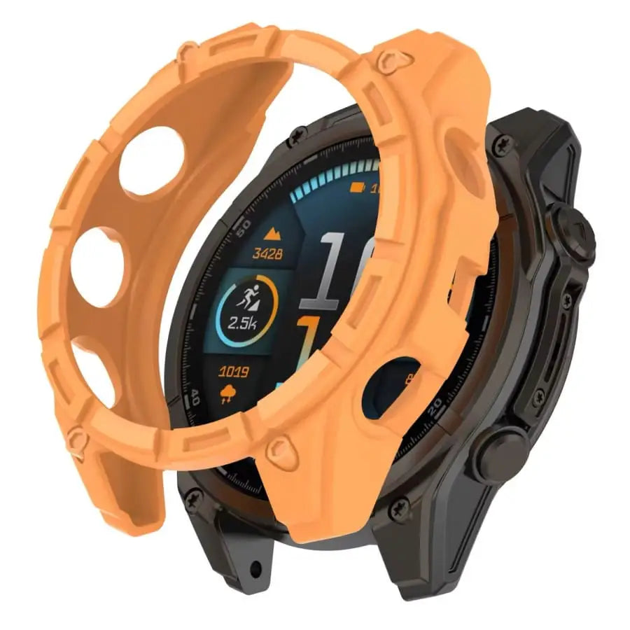 Orange Habicare protective case for Garmin Tactix 8 47mm watch, shown fitted on the watch with a close-up view of the case details.