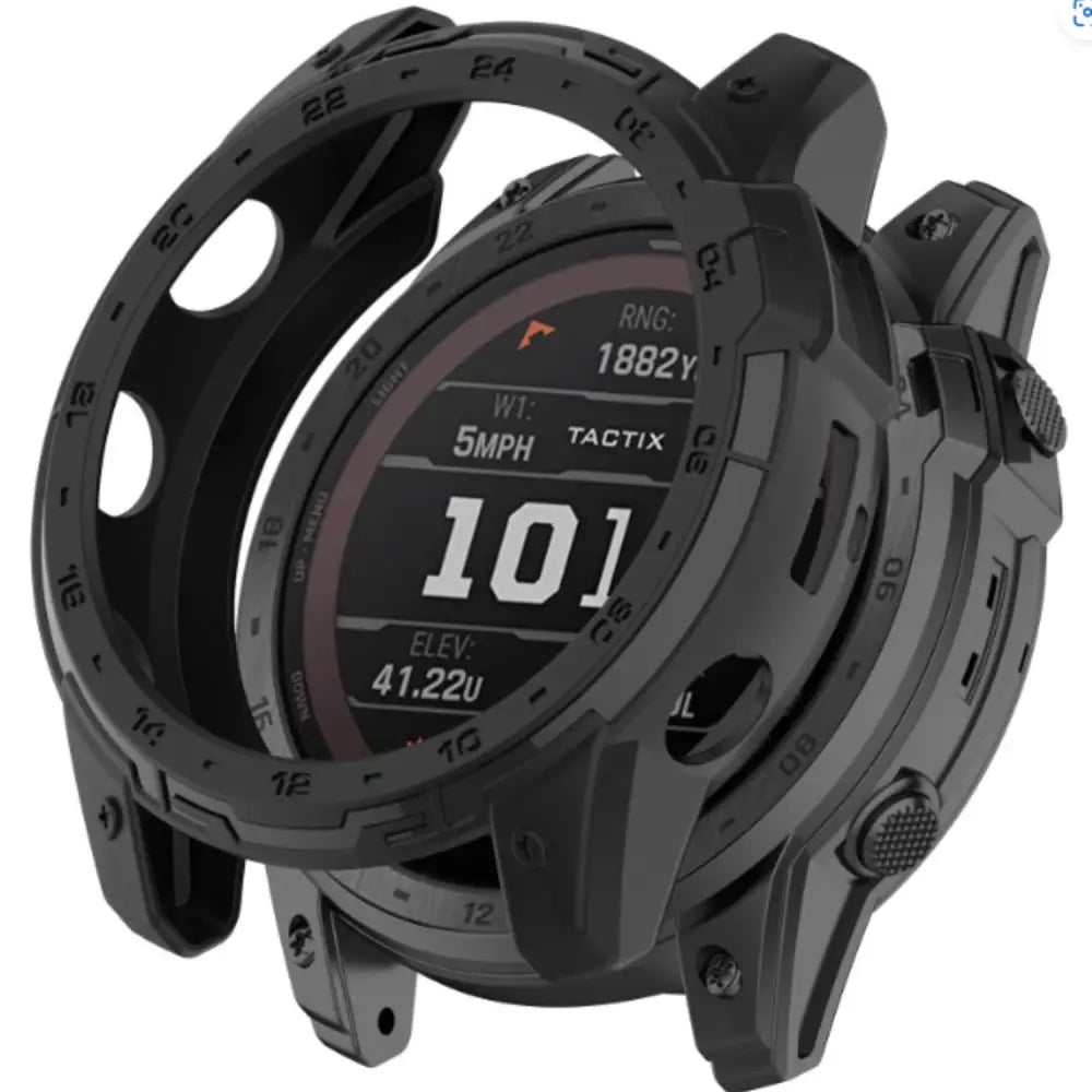 Black Habicare protective watch case for Garmin Tactix Delta, designed to shield the smartwatch from scratches and impacts.