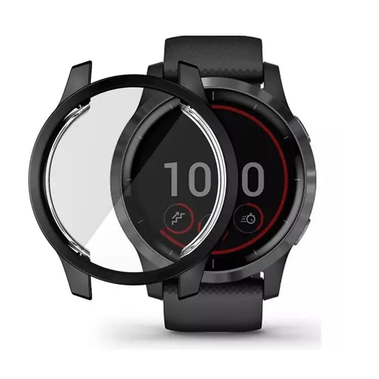 Black Habicare protective watch case for Garmin Venu 2, designed to shield the smartwatch from scratches and impacts.