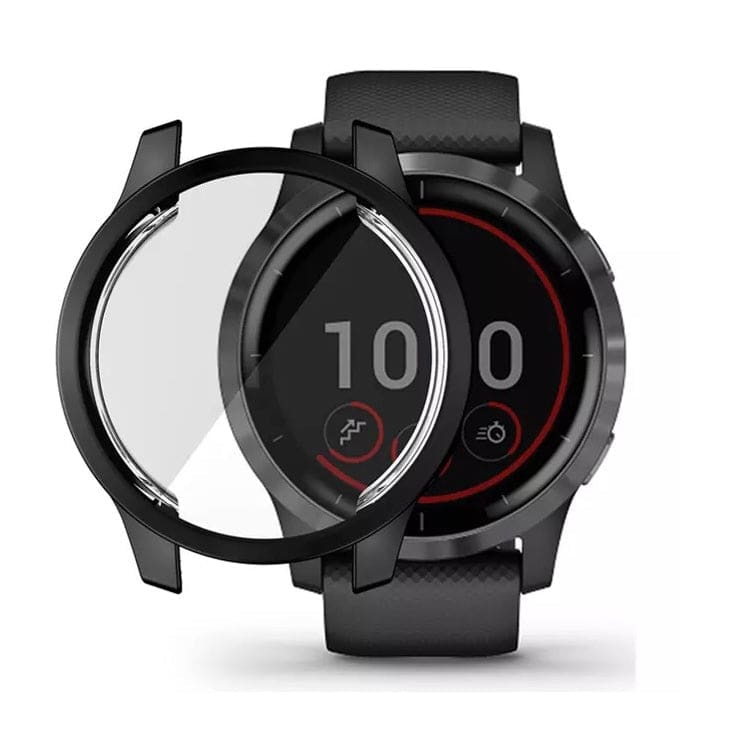 Black protective case for Garmin Venu 2S watch, durable silicone cover showcasing the smartwatch with secure fit and stylish design.