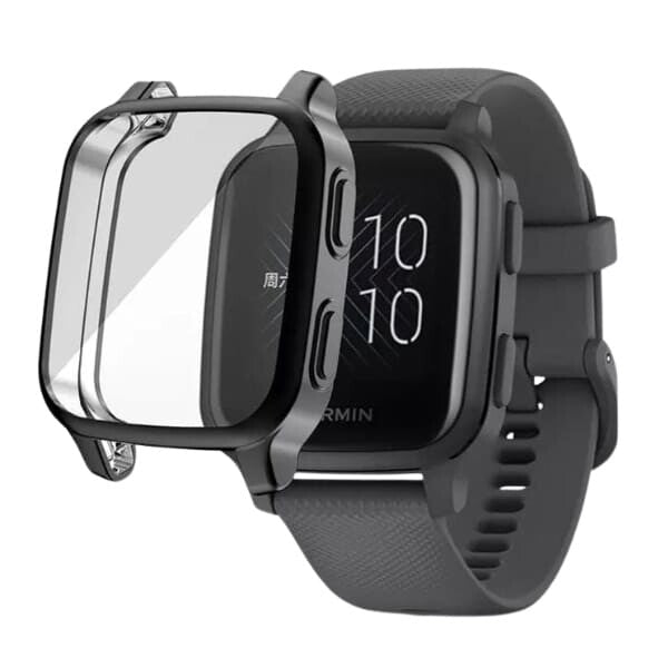 Black protective case for Garmin Venu Sq 2 Series smartwatch, made by That Watch Shop, showing the case fitted on the device.