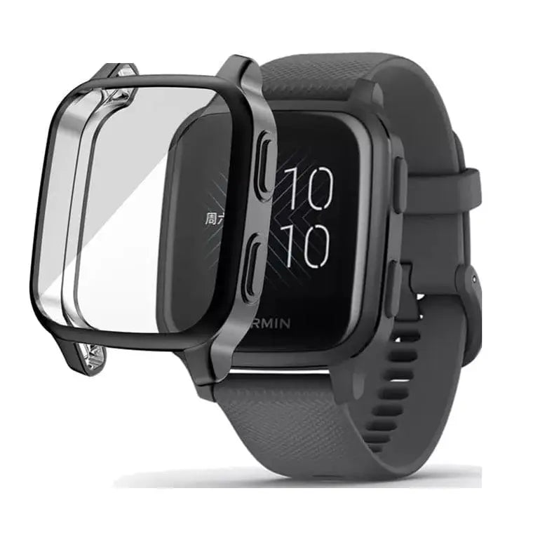 Black Habicare protective case for Garmin Venu Sq Series watch, covering the screen and edges for durable protection.