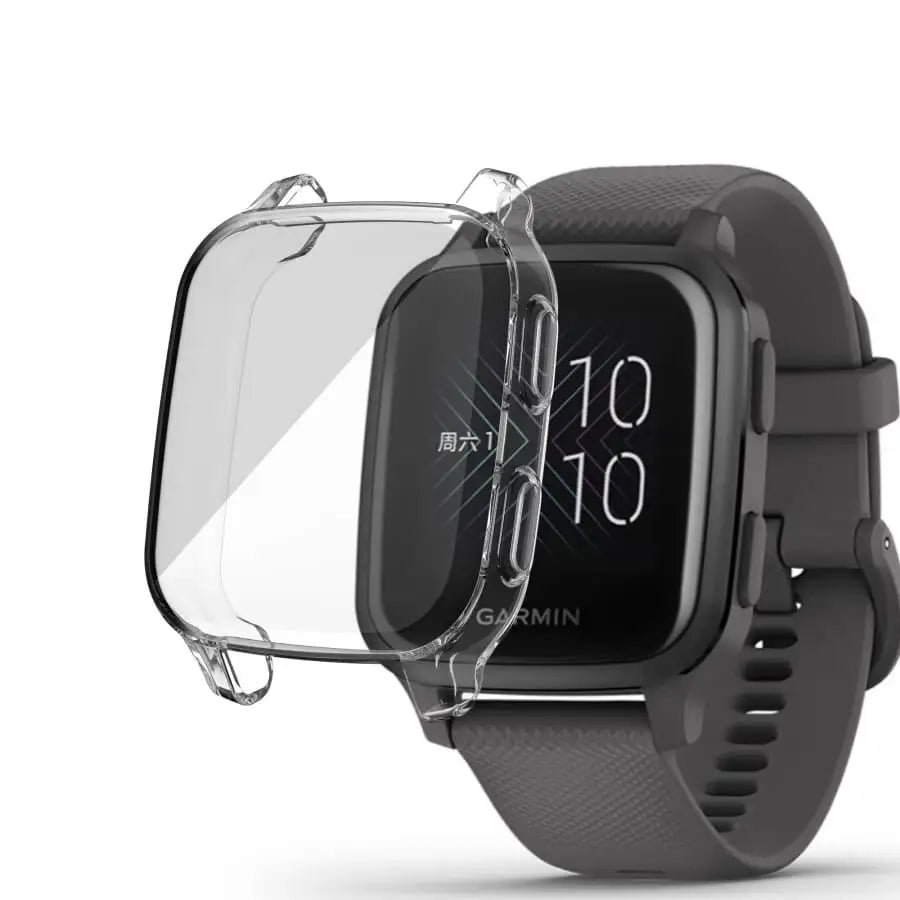 Clear protective case for Garmin Venu Sq Series watch by Habicare, showing the transparent cover fitted on the watch.
