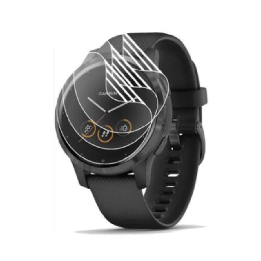 Hydrogel screen protectors for Garmin Vivoactive 4S smartwatch, showing clear, flexible protective film on watch screen.