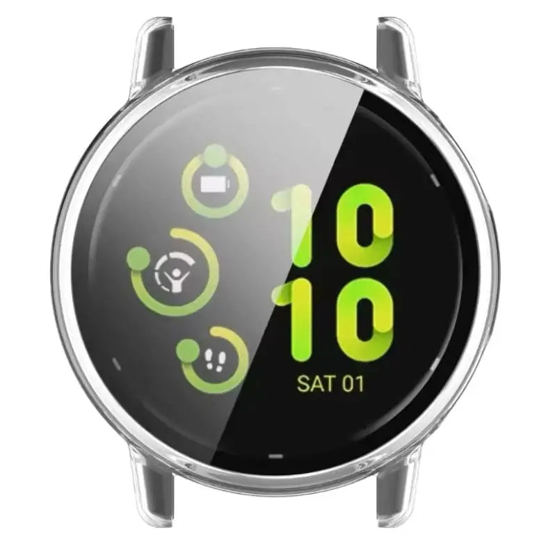 Clear Habicare protective case for Garmin Vivoactive 5 smartwatch, showing the transparent cover fitting the device smoothly.