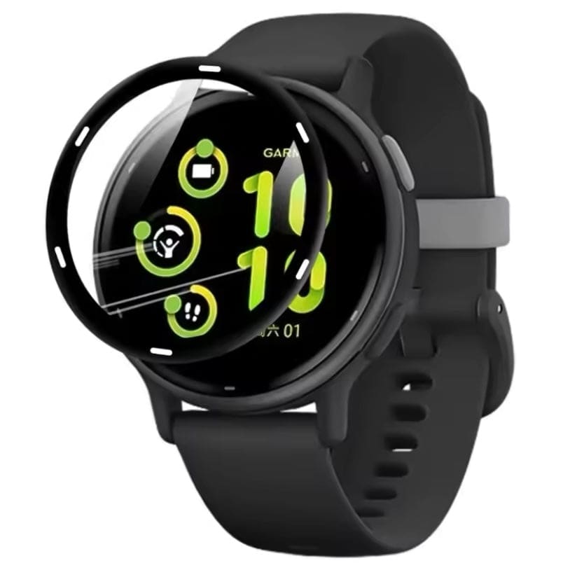 Black Garmin Vivoactive 5 screen protector on round smartwatch, showing protective film covering the watch face.