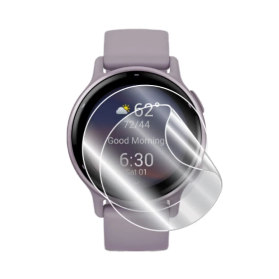 Hydrogel screen protectors for Garmin Vivoactive 5 watch, pack of 4, transparent and purple protectors from That Watch Shop.