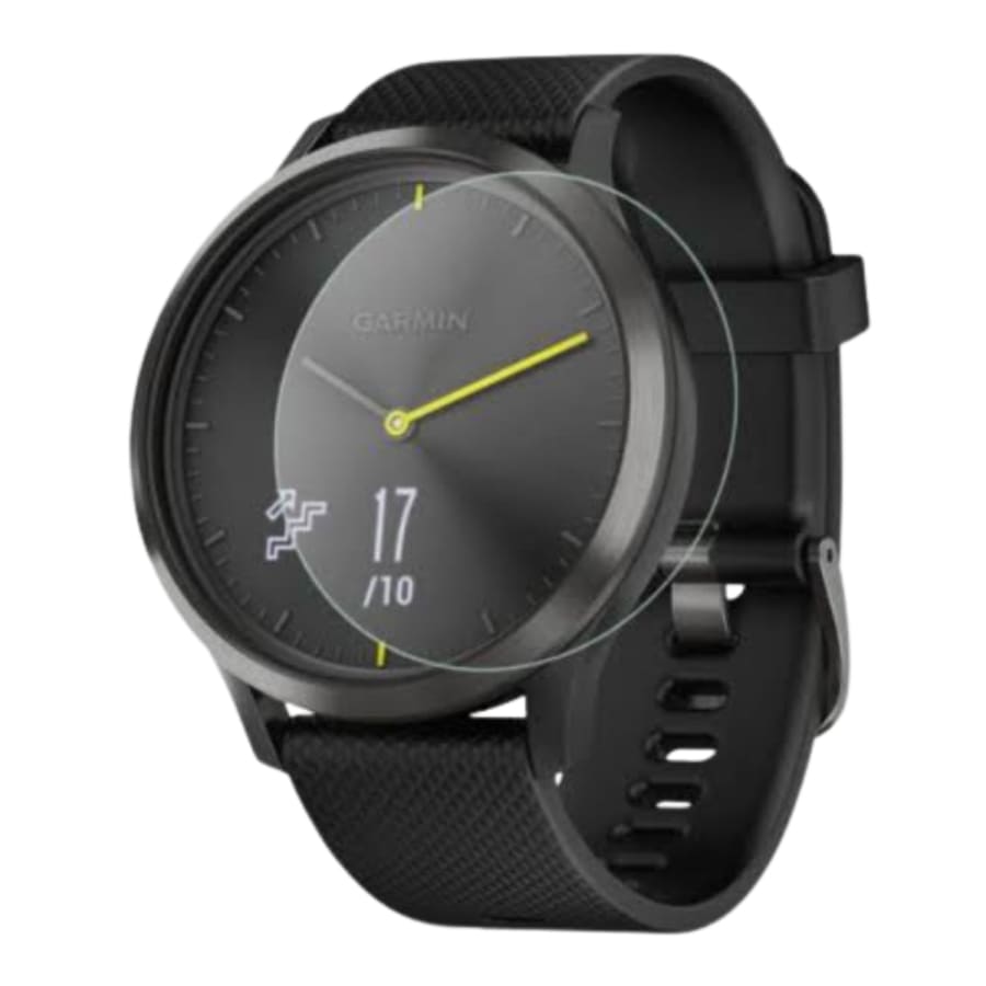 Black Garmin Vivomove HR screen protector, clear watch screen cover for added protection, designed by That Watch Shop.
