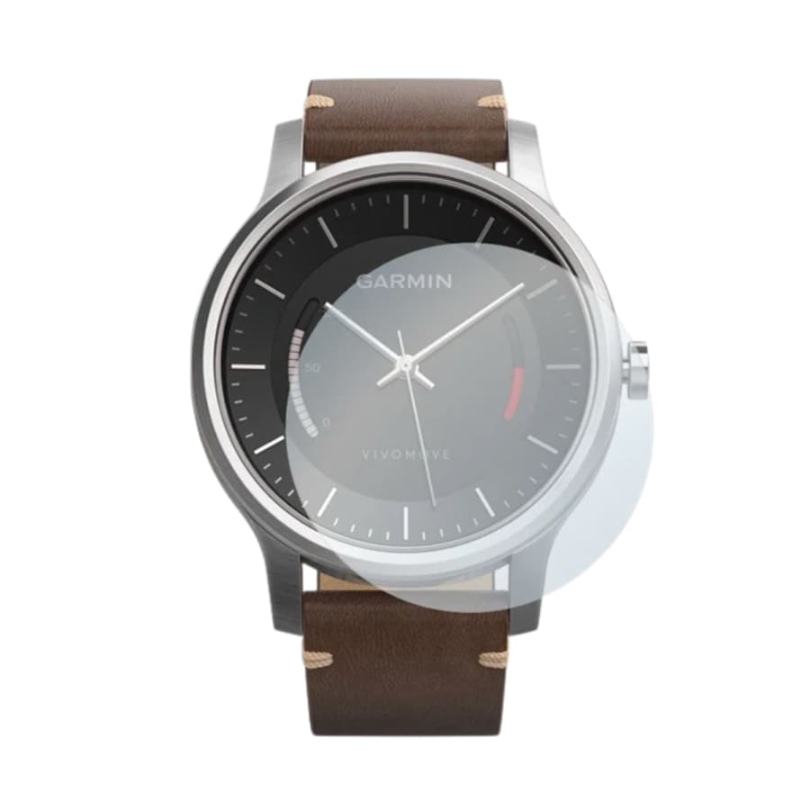 Silver Garmin Vivomove watch with clear screen protector, showcasing protection for the watch face on a silver wristband.