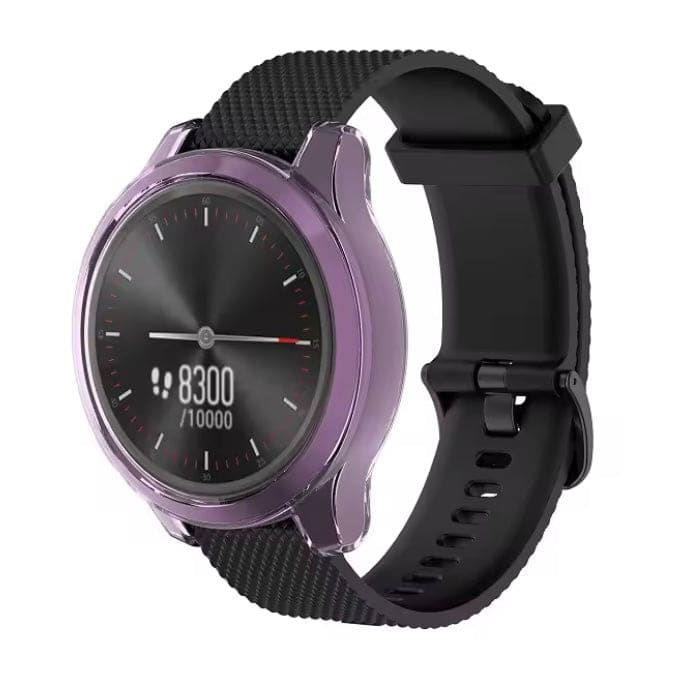 Purple Garmin Vivomove Style protective watch case, durable and snug fitting for smartwatch protection.