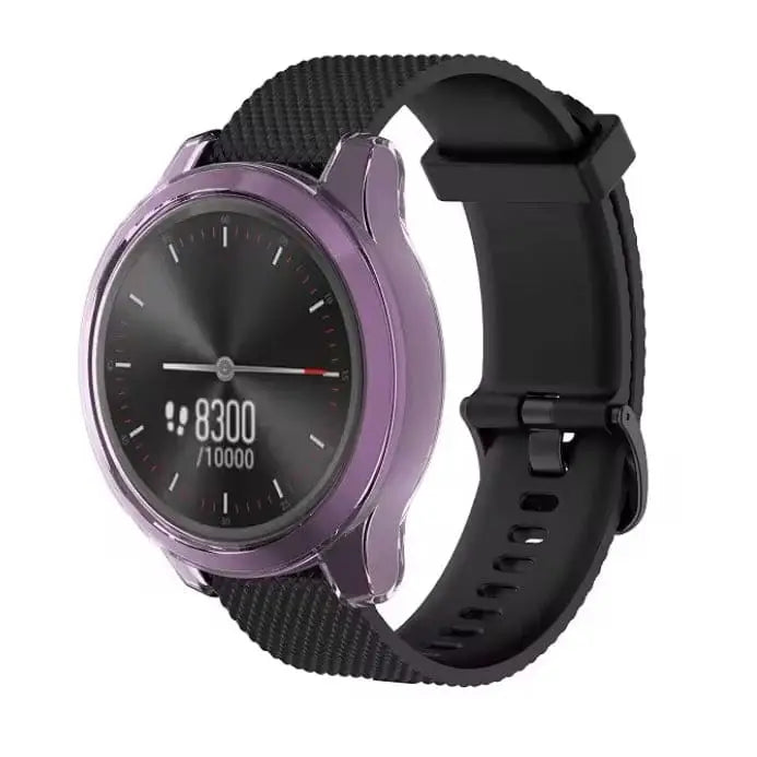 Purple Habicare protective watch case for Garmin Vivomove Trend, showing the snug fit around the watch face and band.