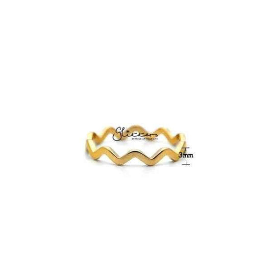 Glitters 18K gold plated stainless steel wavy women's ring showcasing a sleek, shiny design on a neutral background.