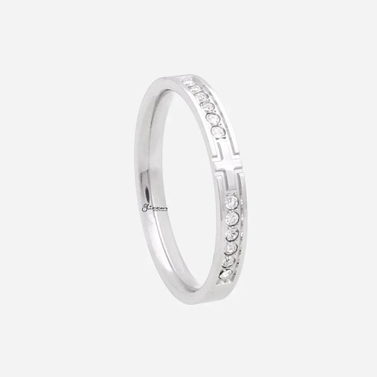 Silver stainless steel cross ring with cubic zirconia accents, stylish jewelry piece by Glitters.