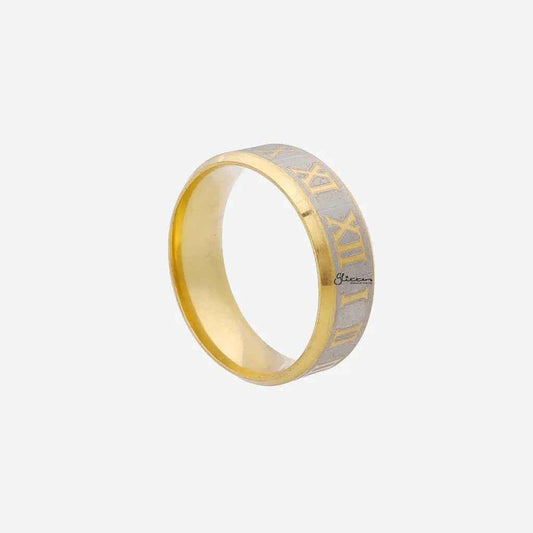 Gold stainless steel Roman numeral ring by Glitters featuring engraved numeral details and a polished finish.