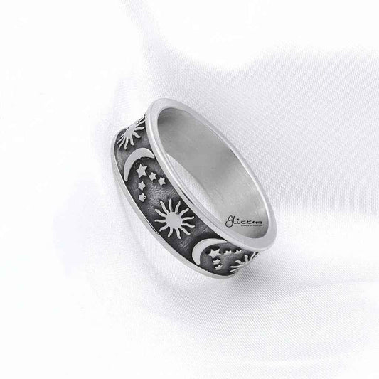 Silver stainless steel Sun Moon Stars ring by Glitters, featuring celestial design with sun, moon, and star motifs.
