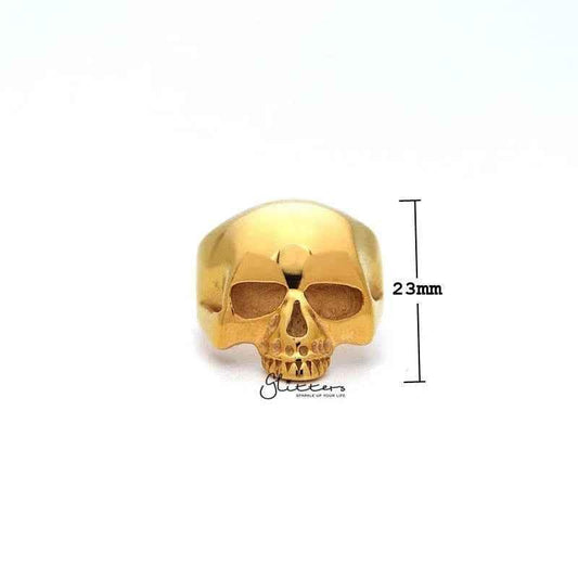 18K gold IP stainless steel men's ring featuring a classic skull head design, crafted by Glitters.