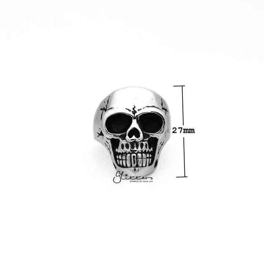 Antiqued stainless steel skull head men's ring with classic design, cast by Glitters, featuring detailed skull engraving.