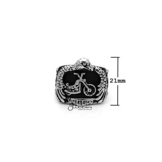 Antiqued stainless steel men's ring featuring an eagle with motorcycle casting design by Glitters