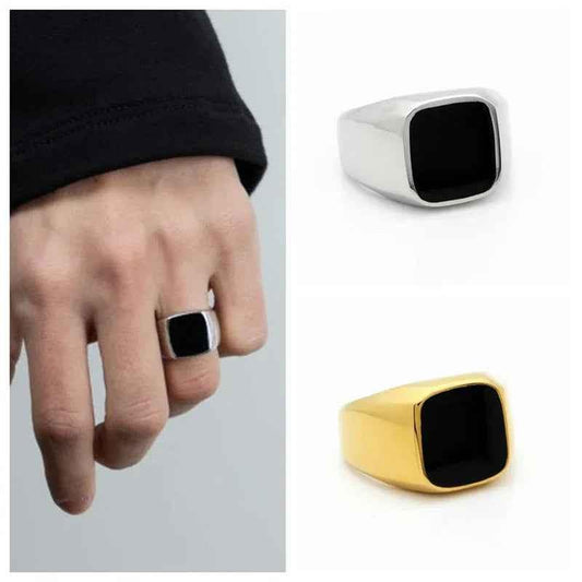 Black square flat top stainless steel signet ring by Glitters with gold finish, showcasing a sleek, modern design.