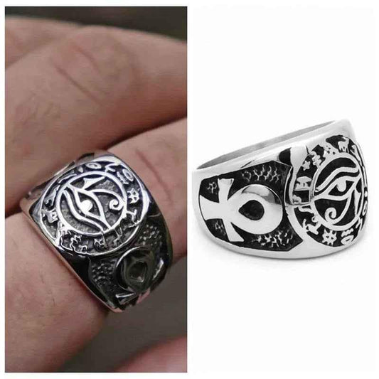 Egyptian Eye stainless steel ring with Ankh symbols, featuring intricate design, by Glitters, showcasing detailed craftsmanship and symbolism.