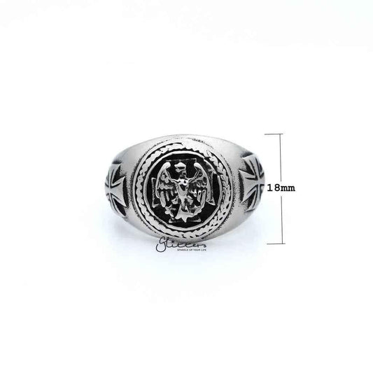 Men's antiqued stainless steel eagle casting rings by Glitters, featuring detailed eagle design on durable stainless steel band.