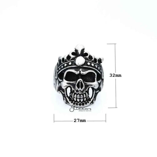 Men's antiqued stainless steel Skull King casting rings by Glitters, featuring detailed skull design and bold style.