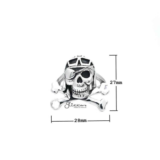 Men's stainless steel skull ring with bone casting design from Glitters, featuring detailed skull and bone motifs.